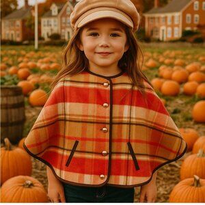 Janie and Jack Pink & Tan Wool Cape Jacket Girl's Size 3 - 4  Preppy Plaid